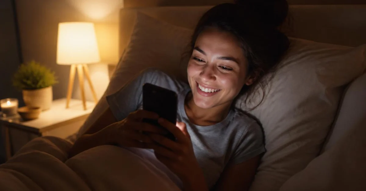 Woman smiling while reading a flirty good night text