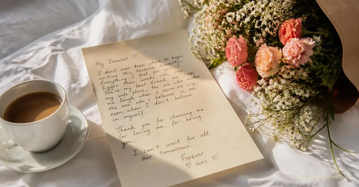 love letter for her beside flowers and coffee