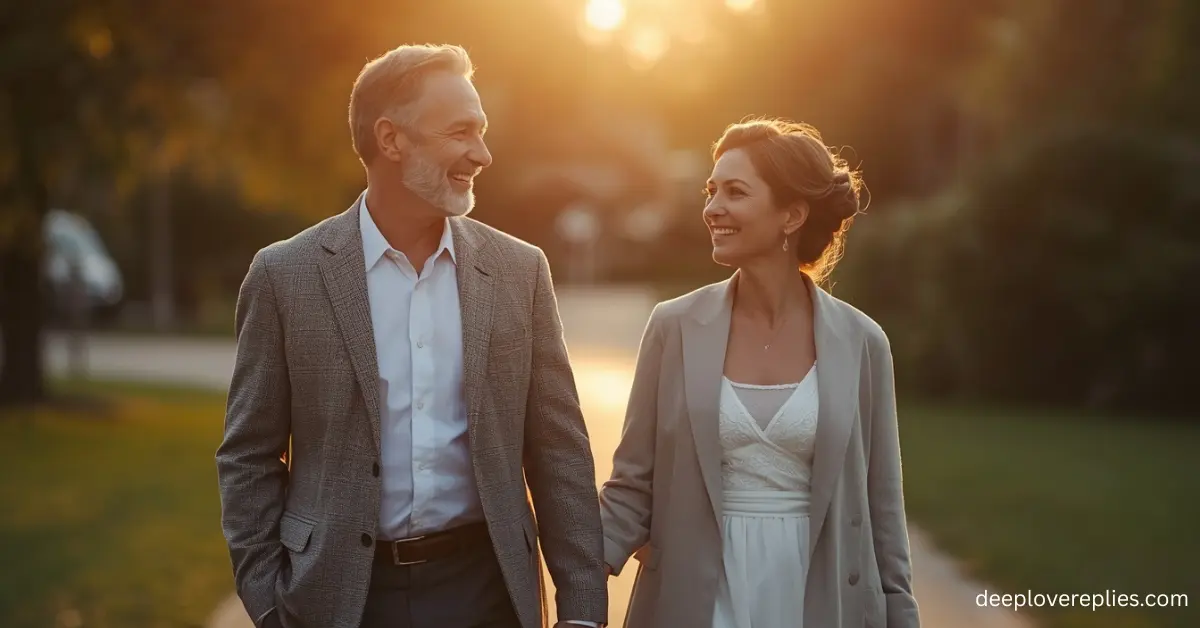 Happy married couple walking hand in hand at sunset in a proud moment